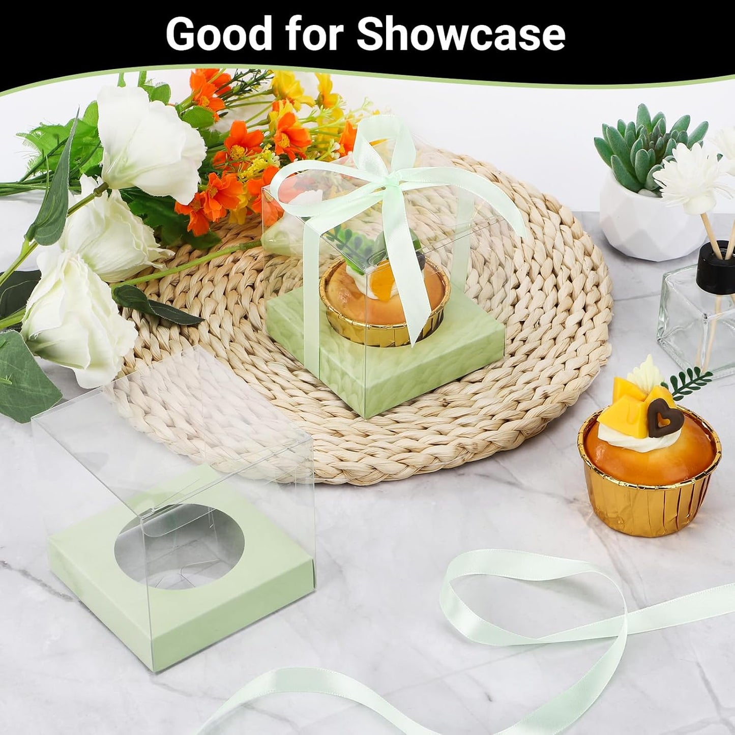 EUSOAR Individual Cupcake Holder, 50pcs 3.5 Inch Plastic Black Cupcake Containers with Lids, Single Transparent Display Clear Cupcake Carrier with Ribbon and Inserts for Wedding Party Favor