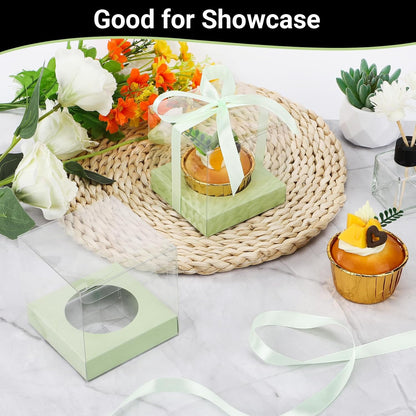 EUSOAR Individual Cupcake Holder, 50pcs 3.5 Inch Plastic Black Cupcake Containers with Lids, Single Transparent Display Clear Cupcake Carrier with Ribbon and Inserts for Wedding Party Favor
