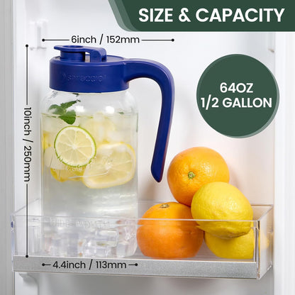 Mason Jar Pitcher - Airtight & Leakproof Glass Pitcher with Lid, Perfect for Breastmilk, Cold Brew, and Sun Tea, 2 Quart (64 oz) 1/2 Gallon Mason Jar with Pour Spout Lid