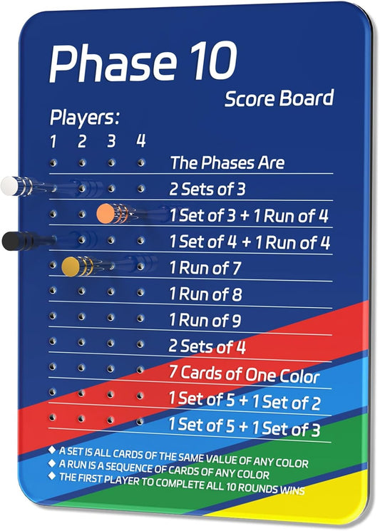 Phase 10 Scoreboard New Upgrade, Acrylic Scoreboard for Phase 10 Card Game with 8 Colored Cribbage Pegs, Fun Board Card Games Accessories for Adults, Families, Parties & Travel