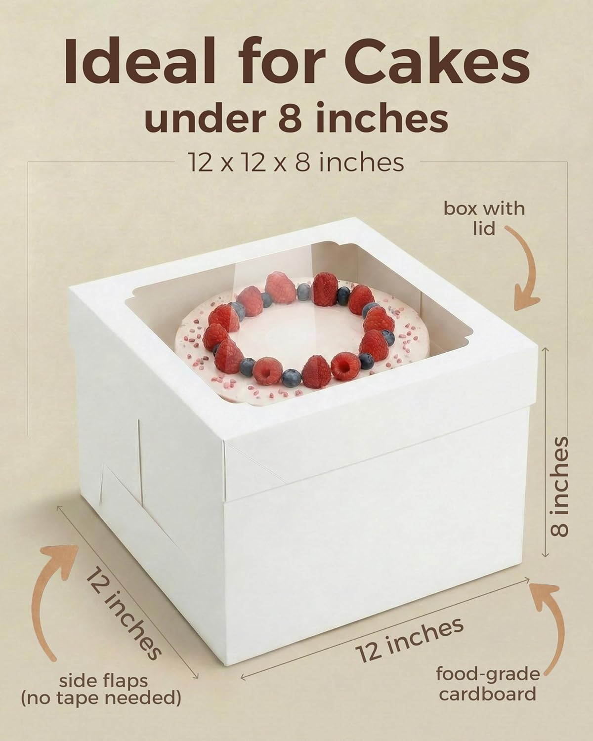 12x12x8 Inch Cake Boxes 20 pcs, Large 12 Inch Cake Box with Window for 8 Inch Tall Tiered Bakery Cakes, Pies, Sturdy Square White Cardboard, Cake Decorating Supplies (80 Pcs Stickers)