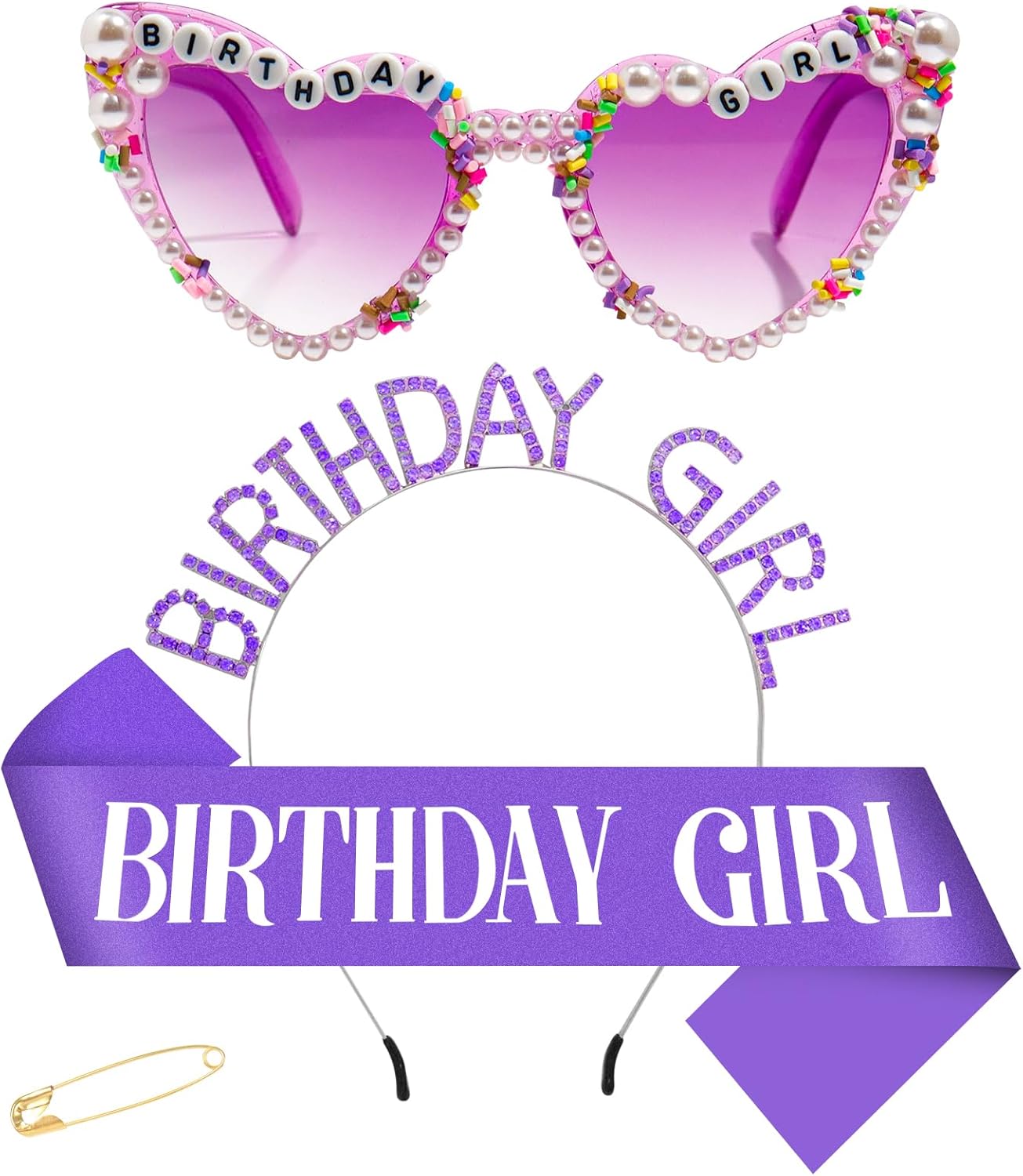 3Pcs Birthday Girl Sash Headband Set-Birthday Sash Tiara and Crown Sunglasses for Girls Women