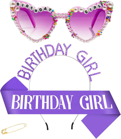 3Pcs Birthday Girl Sash Headband Set-Birthday Sash Tiara and Crown Sunglasses for Girls Women