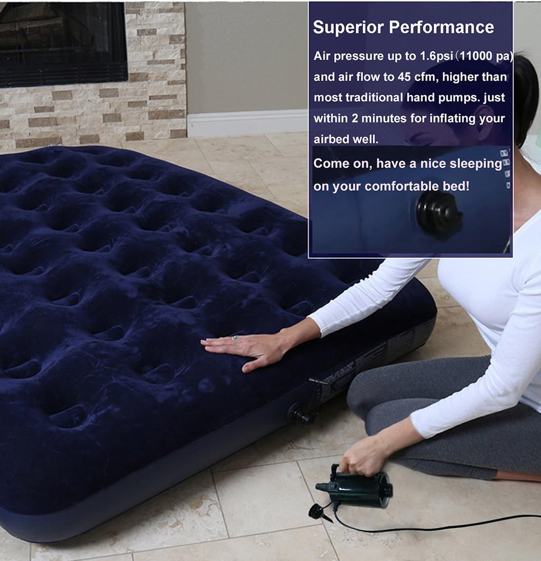 Artigarden Electric Air Pump Portable 460W Quick-Fill Air Pump Air Flow 45CFM 2.1PSI with Hose 5 Nozzles 120V AC Inflator Deflator Pump for Air Mattress Air Bed Inflatable Cushion Boat Swimming Ring