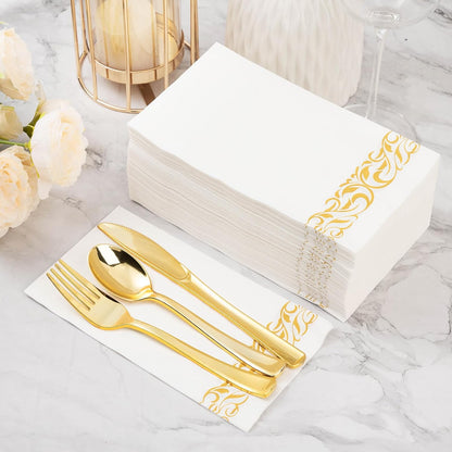 BESTVIP 200 Pack Disposable Paper Napkins, 3-Ply Dinner Napkins with Gold Trim for Guests, Bathroom Paper Hand Towels Soft and Absorbent, Perfect for Kitchen, Dinner, Party, Wedding or Event