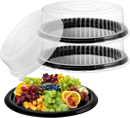 Frcctre 12 Pack 12 Inch Plastic Serving Tray with Lid, Disposable Plastic Food Serving Platters with Clear Dome Lids, Stackable Round Trays for Party, Takeout Food, Catering, Picnic