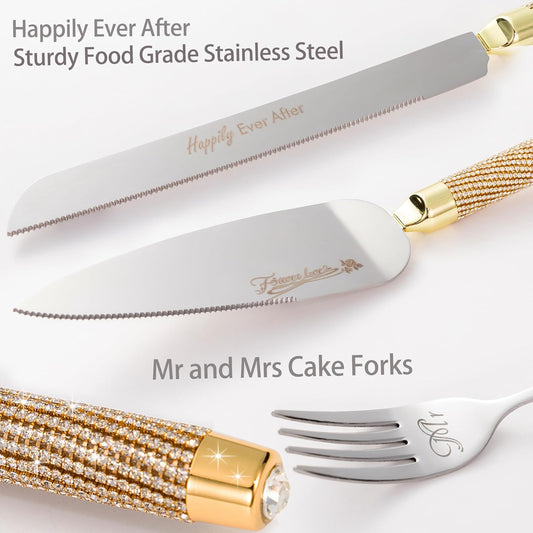 Wedding Cake Knife and Server Set, Gold Cake Cutting Set for Wedding, Mr and Mrs Champagne Flutes for Bridal Shower Gifts Engagement Gifts for Couples