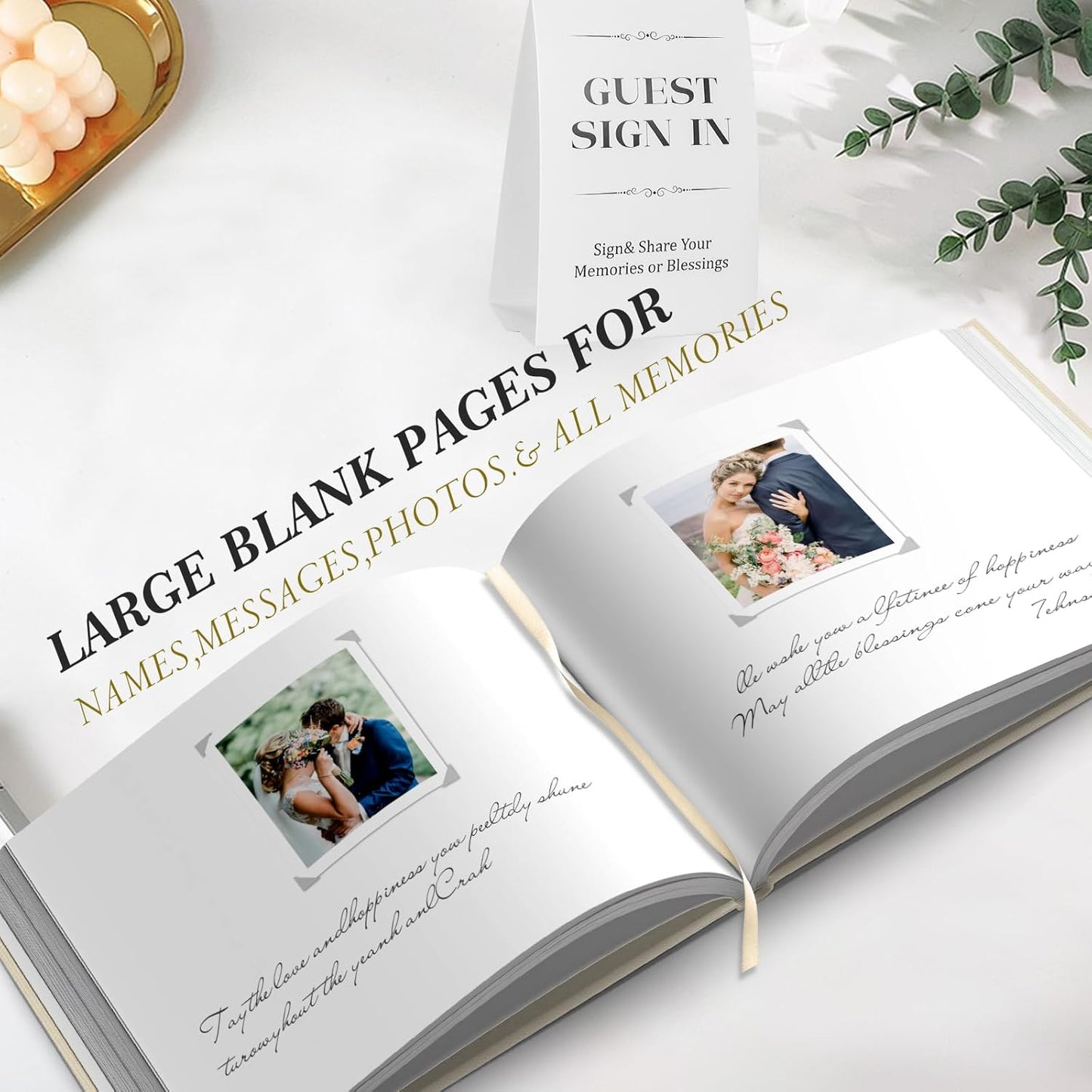 Wedding Guest Book for Memorial Service with 216 Photo Corners Stickers, Linen Guestbook to Sign at Bridal Shower or Wedding Reception Party,100 Pages, Blank Thick Paper Books for Baby Shower- Sage