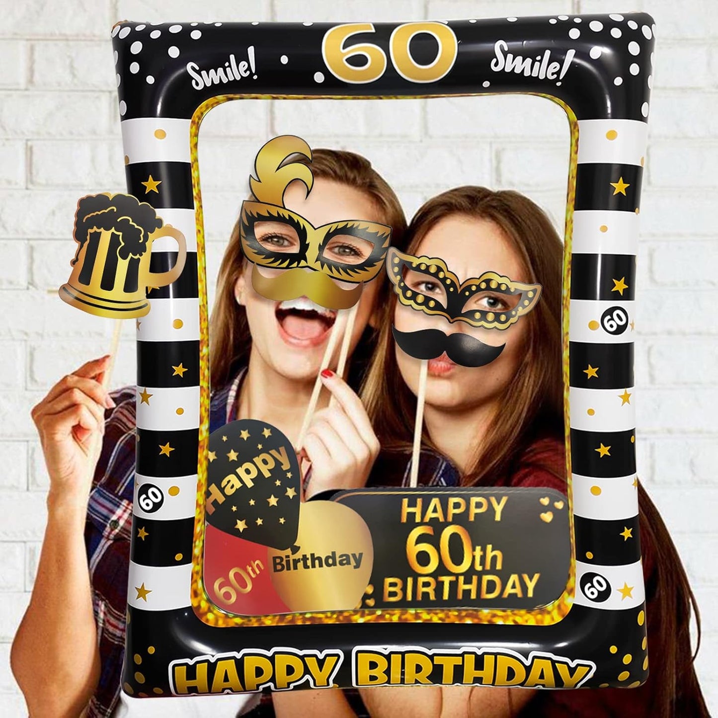 40th Birthday Photo Booth Props, LMSHOWOWO Inflatable Photo Booth Frame, Giant Black Gold Inflatable Selfie Frame, Birthday Party Photo Props, for Women Men Birthday Party Decorations, Random Style