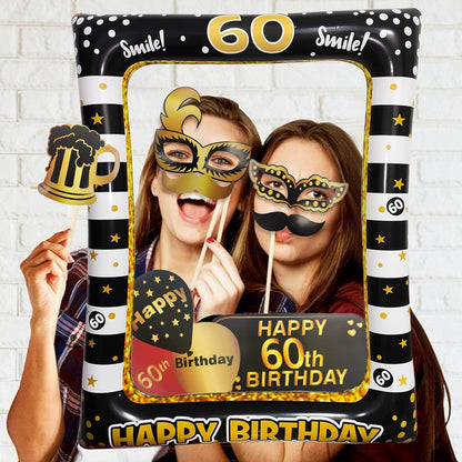 40th Birthday Photo Booth Props, LMSHOWOWO Inflatable Photo Booth Frame, Giant Black Gold Inflatable Selfie Frame, Birthday Party Photo Props, for Women Men Birthday Party Decorations, Random Style