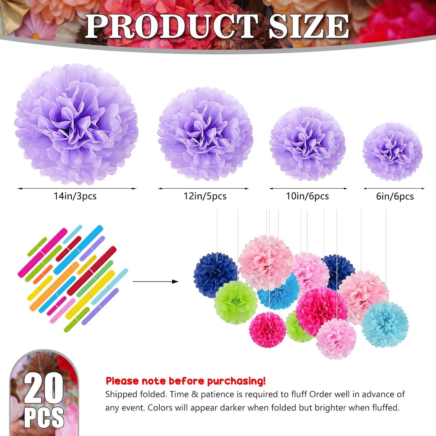 Tissue Paper Pom Poms, Pink Tissue Paper Flowers, Hanging Flower Balls for Weddings Fiesta Parties Birthday Baby Showers Classroom Bridal Shower Decoration (18Piece Set-6/10/12/14Inch)