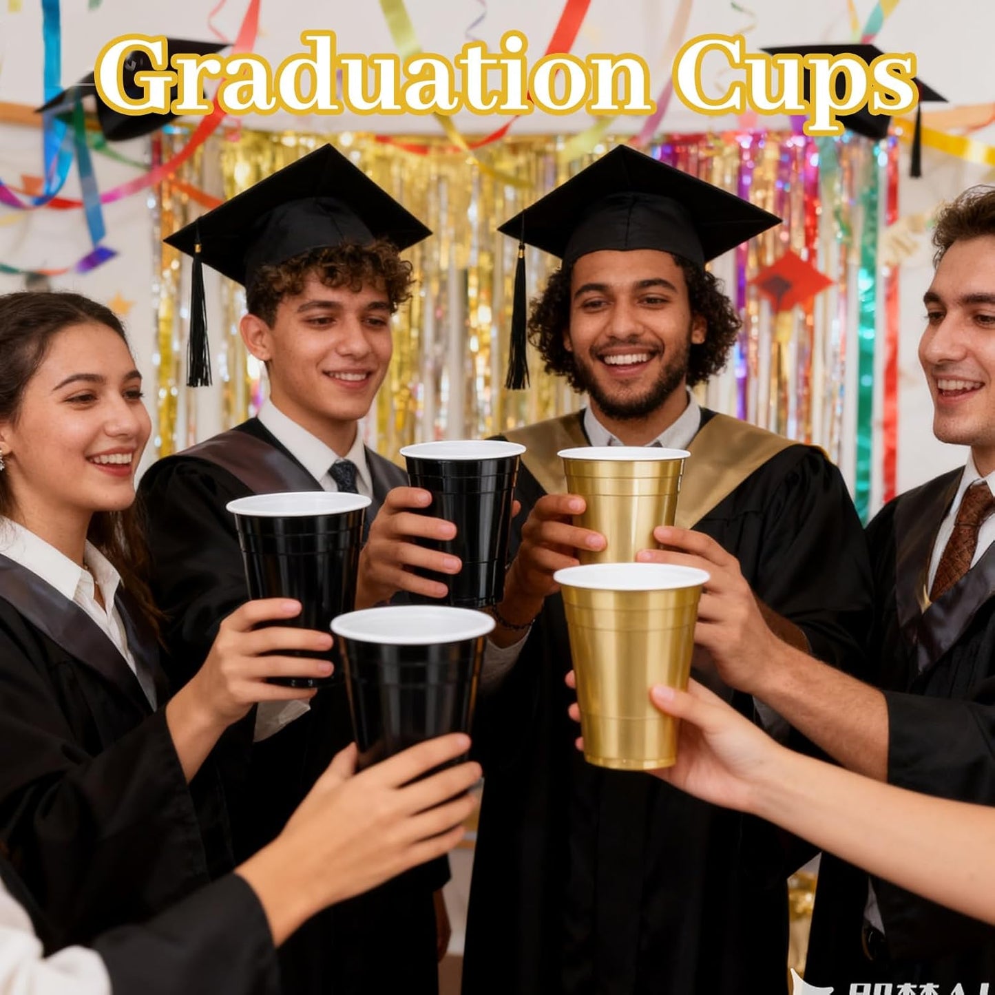 GGOLDMER 50 Pack 16oz Plastic Party Cups - Black and Gold Disposable Plastic Cups Graduation Cup for Cold Drinks, Halloween, Party, Weddings, Birthdays, Picnic, Holiday