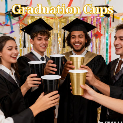 GGOLDMER 50 Pack 16oz Plastic Party Cups - Black and Gold Disposable Plastic Cups Graduation Cup for Cold Drinks, Halloween, Party, Weddings, Birthdays, Picnic, Holiday