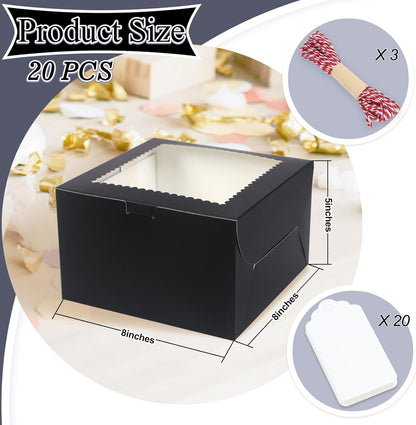 20Pcs 8 Inch Cake Boxes with Window, 8x8x5 Inches Brown Bakery Boxes, Cake Carrier Container for Pastries, Pie, Cookies, Chocolates, Cupcakes, Birthday Party, Wedding