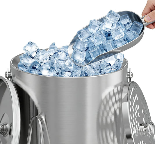 Ice Bucket, Ice Bucket with Lid Ice Tong Ice Scoop and Strainer for Cocktail Parties 3L Stainless Steel Insulated Ice Bucket Double Wall Keeps Ice Cold&Dry for Home Bar Beer Champagne