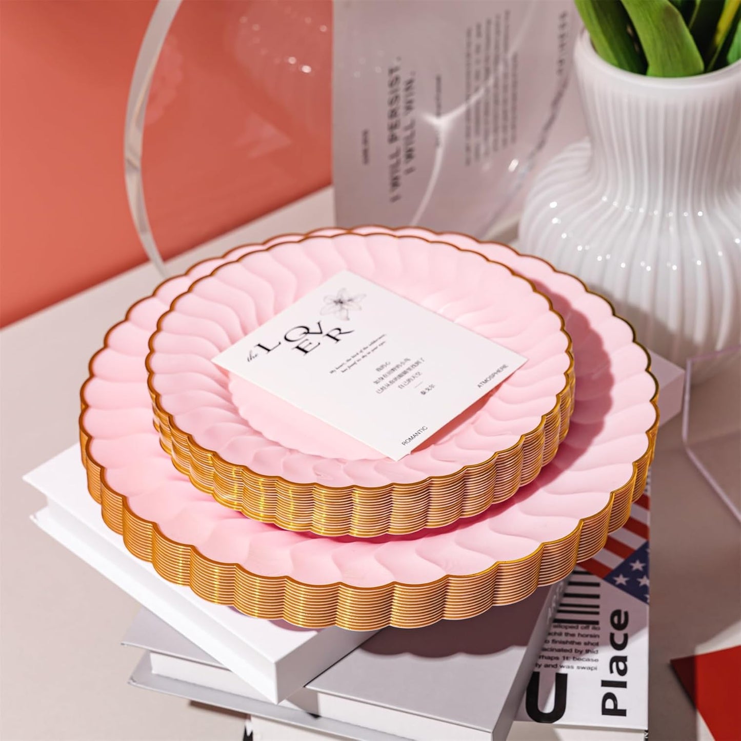Lullaby 60PCS Ivory Scalloped Plastic Plates with Gold Rim, Disposable Elegant Plates Include 30pcs Dinner Plate 10.25", 30pcs Plastic Dessert Plate 7.5", Perfect for Wedding and Party