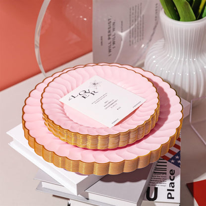 Lullaby 60PCS Ivory Scalloped Plastic Plates with Gold Rim, Disposable Elegant Plates Include 30pcs Dinner Plate 10.25", 30pcs Plastic Dessert Plate 7.5", Perfect for Wedding and Party