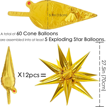 ZAKVOOR 60 Pcs Star Balloons 12 Spike Foil Explosion Party Decoration Balloons for Christmas New Year Eve Birthday (Silver)
