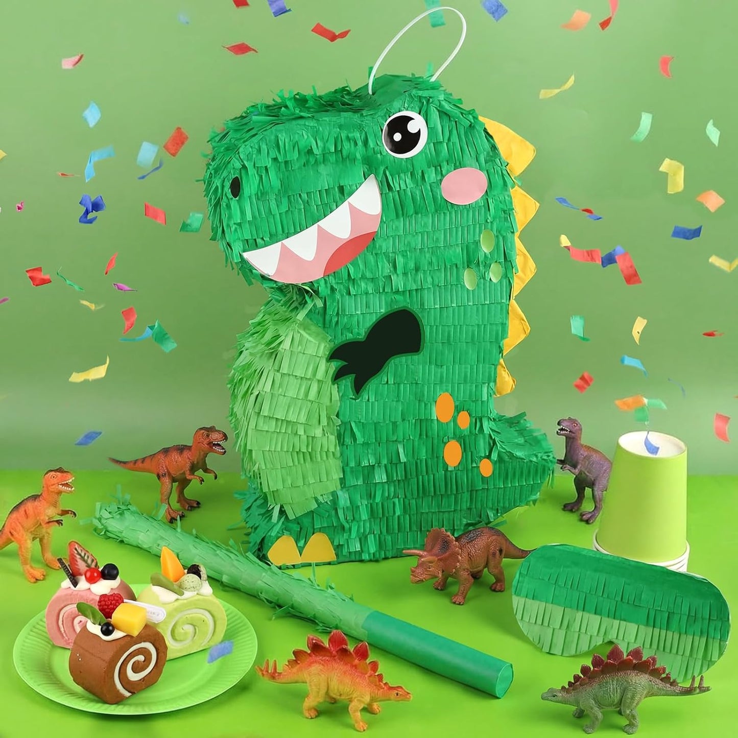 Dinosaur Pinata - Dinosaur Decorations with a Blindfold and Bat for Boys Girls Animal Themed Birthday Party Kids Classroom Game Decorations Supplies (15.7 x 11.4 x 3.1 Inches)