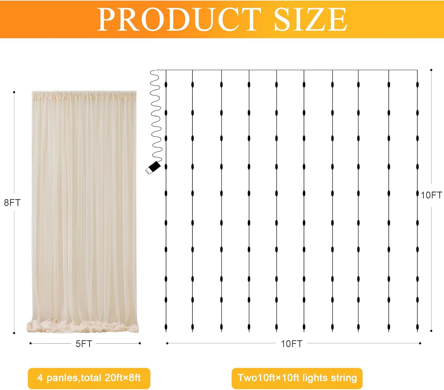 Fomcet Tulle Backdrop Curtains with Lights String White 10FT X 8FT Sheer Curtain with Lights Tulle Curtains Backdrop for Wedding Birthday Party Baby Shower Photo Shoot (2 Panels 5x8FT)