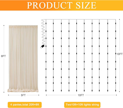 Fomcet Tulle Backdrop Curtains with Lights String White 10FT X 8FT Sheer Curtain with Lights Tulle Curtains Backdrop for Wedding Birthday Party Baby Shower Photo Shoot (2 Panels 5x8FT)