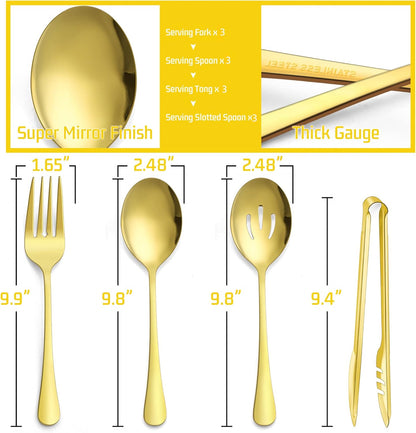 Large Black Serving Utensils Set of 12, E-far Stainless Steel 9.8 Inch Serving Spoons Slotted Spoon, 9.9 Inch Forks, 9.4 Inch Tong for Buffet Catering, Mirror Finish & Dishwasher Safe