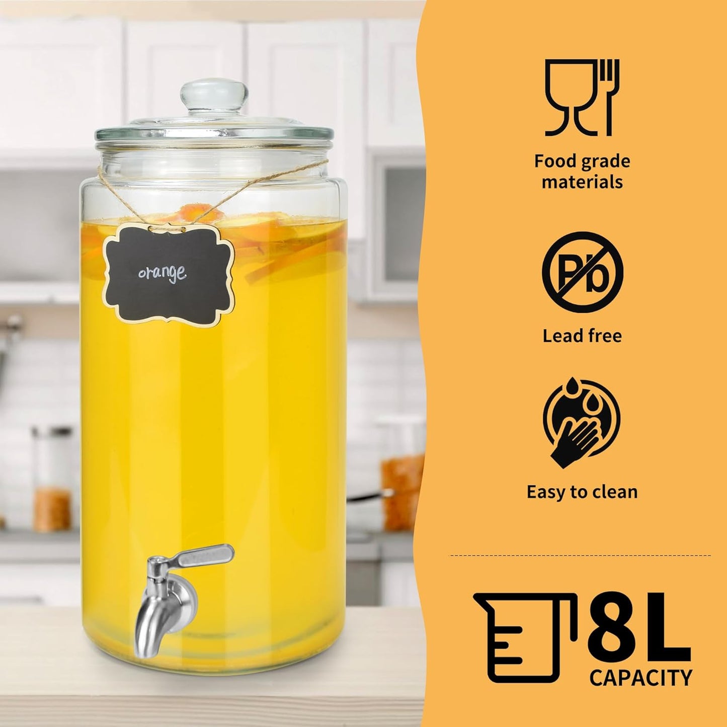 1 Gallon Beverage Dispenser 2 Pack, Stainless Steel Spigot Drink Dispenser for Parties with Stand, Clear Glass Drink Container Easy to Refill and Clean