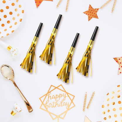 24 Pcs Gold Noise Makers Glitter Party Blowers, Noise Makers for Sporting Events Metallic Fringed Party Horns Birthday Wedding Gathering Baby Shower Graduation New Years Decorations 2026 Favor