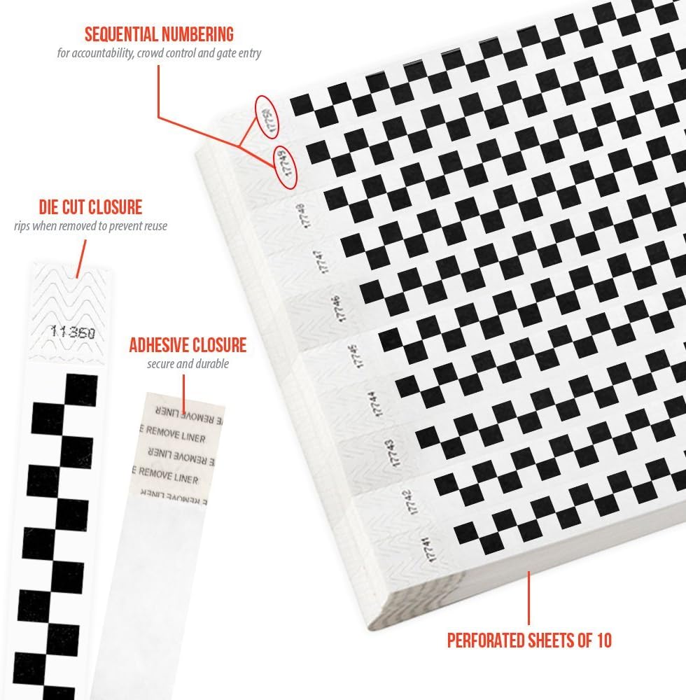 500 WristCo Black Checkered/Checks Tyvek Wristbands for Events - Comfortable Tear Resistant Paper Bracelets ID Wrist Bands for Concerts Festivals Admission Party Identification