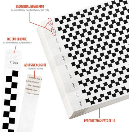 500 WristCo Black Checkered/Checks Tyvek Wristbands for Events - Comfortable Tear Resistant Paper Bracelets ID Wrist Bands for Concerts Festivals Admission Party Identification
