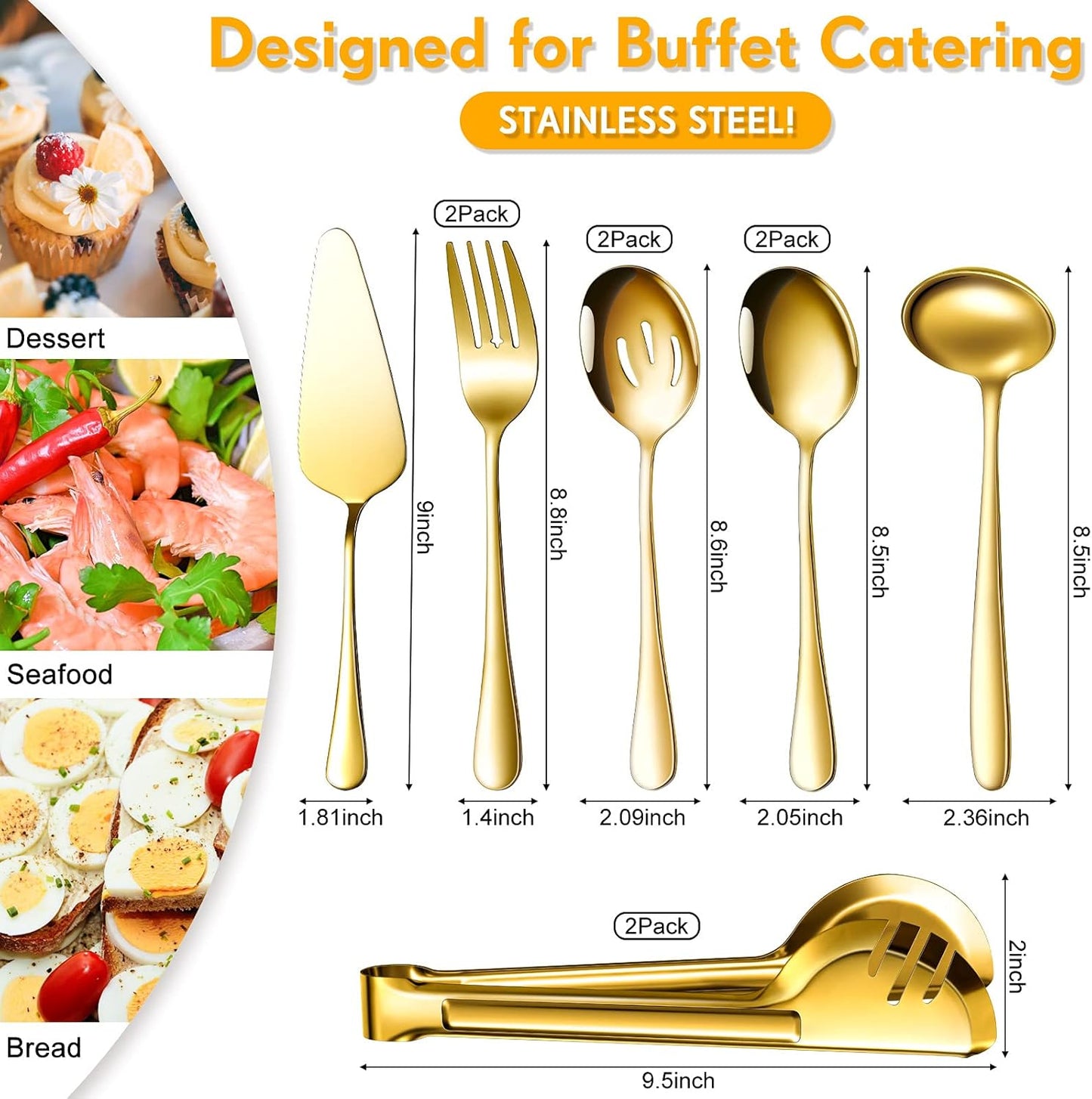 Patelai Serving Utensils Set Include Stainless Steel Large Spoons Slotted Spoons Forks Tongs Soup Ladle and Pie Server for Parties Buffet Catering, Dishwasher Safe(Silver,10 Pieces)