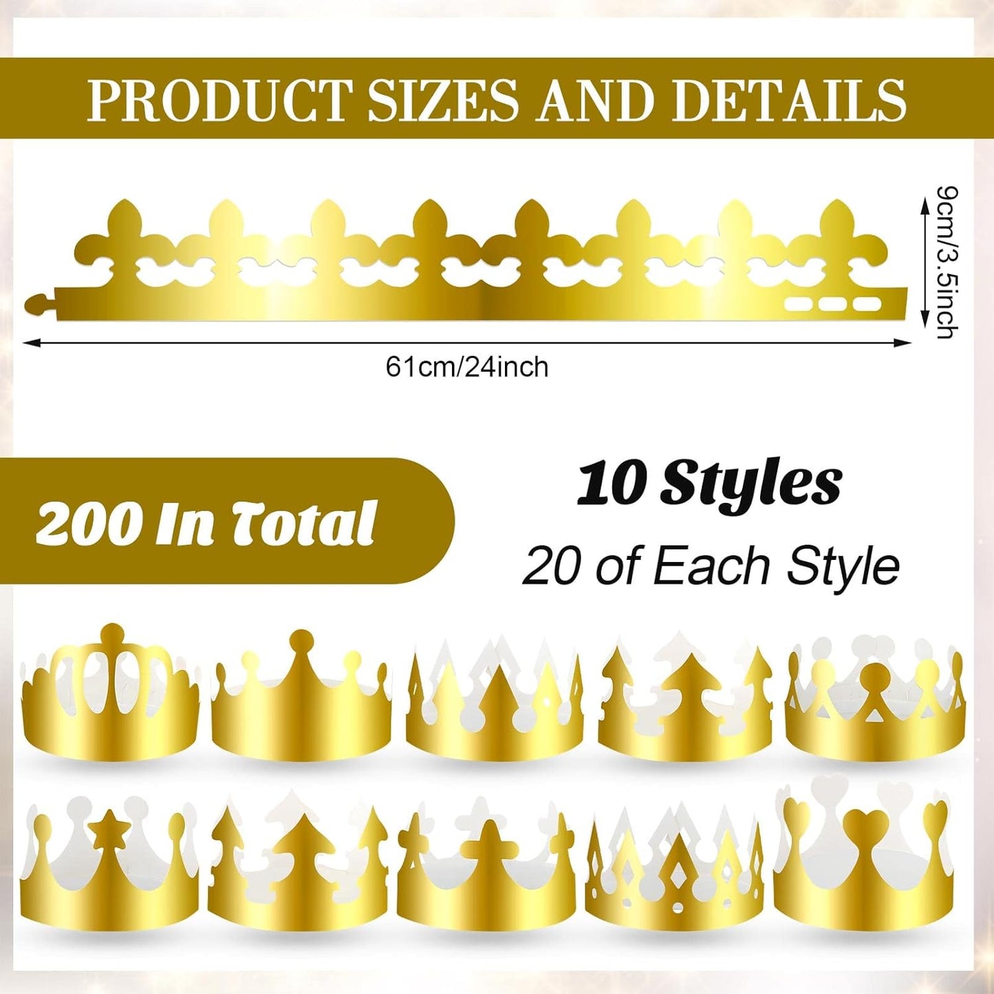 Crtiin 200 Pcs Gold Paper Crowns Bulk King Crown Princess Hats for Birthday Celebration Party Supplies