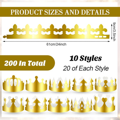 Crtiin 200 Pcs Gold Paper Crowns Bulk King Crown Princess Hats for Birthday Celebration Party Supplies