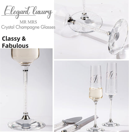 Wedding Cake Knife and Server Set, Mr and Champagne Flutes with Wedding Cake Cutting Set for Bride and Groom Toasting (Clear)