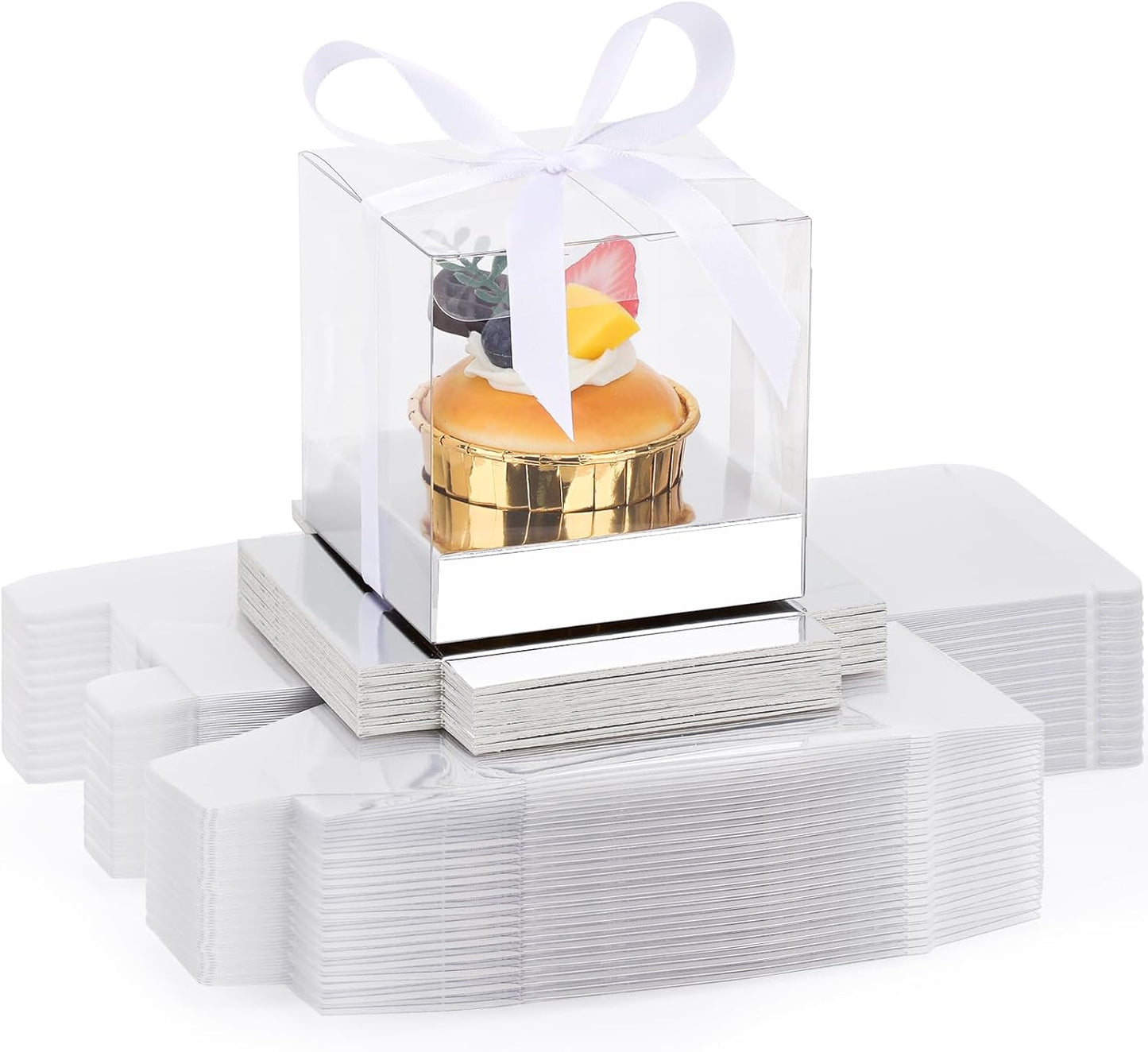 EUSOAR Individual Cupcake Holder, 50pcs 3.5 Inch Plastic Black Cupcake Containers with Lids, Single Transparent Display Clear Cupcake Carrier with Ribbon and Inserts for Wedding Party Favor