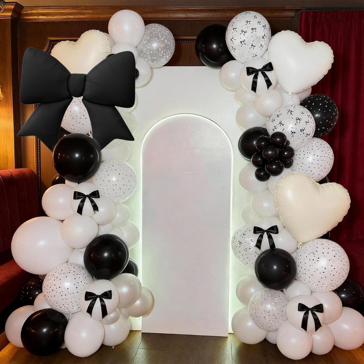 Black White Bow Balloons, 50 Pcs Pearl White Dot Printed Balloons with Black Bow and Cream Heart foil Balloon for Alternative Birthday Party Baby Shower Wedding Bachelorette Party Decorations