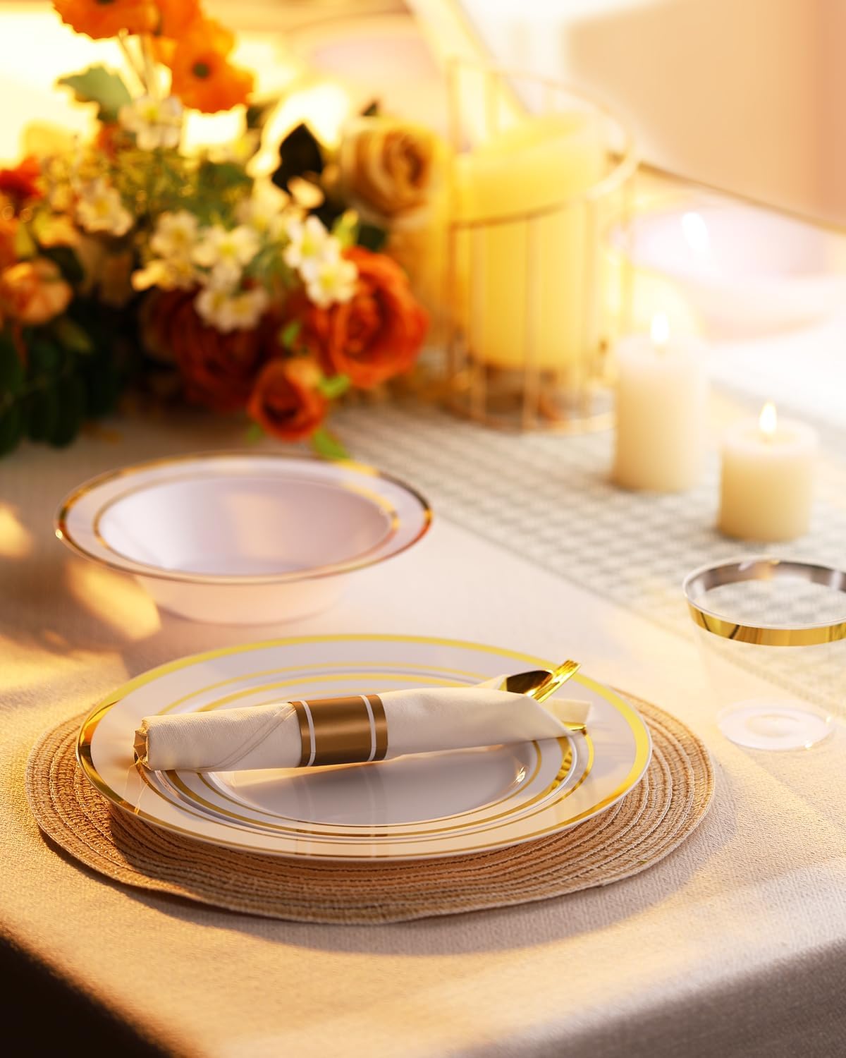 BESTVIP 350PCS Gold Plastic Dinnerware Set, Disposable Party Plates for 50 Guests, Include: 100 Plastic Plates, 50 Pre Rolled Napkins with Gold Silverware, 50 Cups