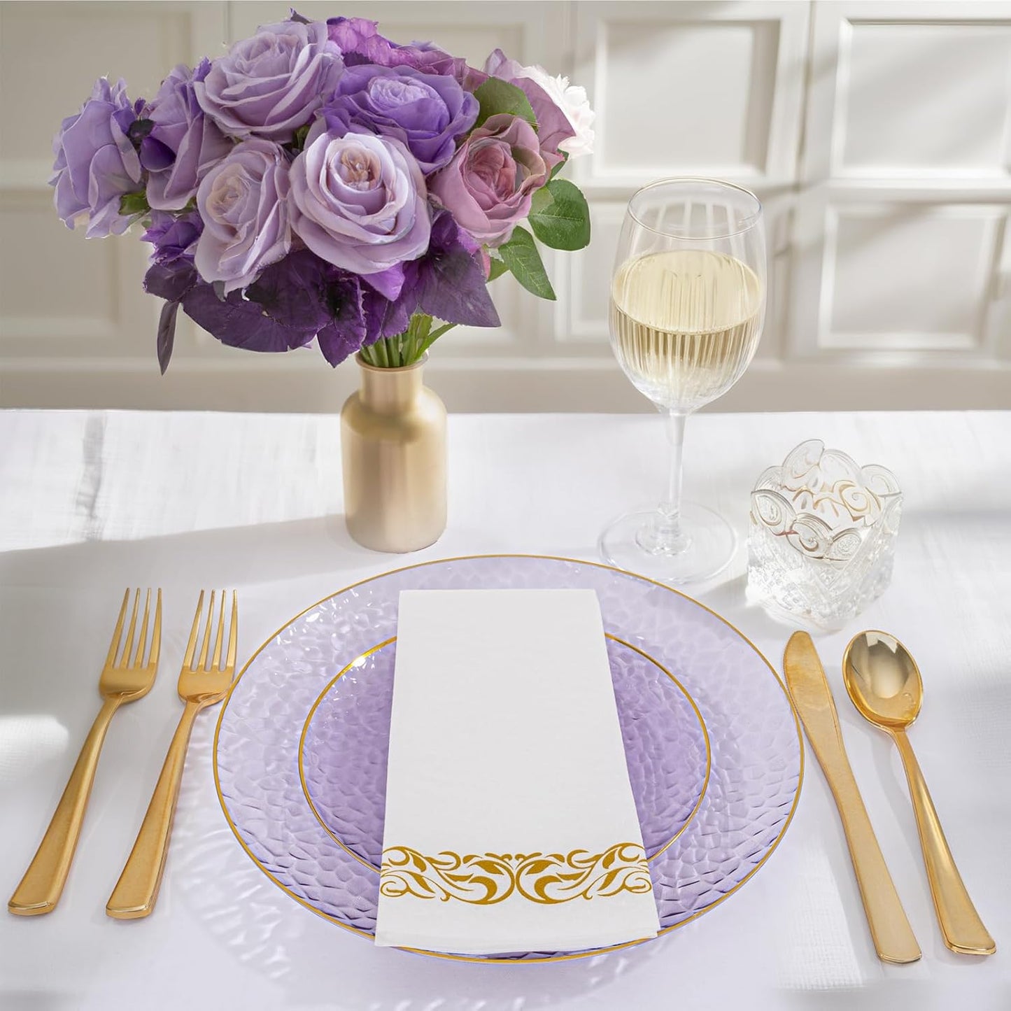 Rubtlamp 350 Pcs Clear Blue Plastic Plates, Blue Gold Plastic Dinnerware Set (50 Guests), Blue Disposable Plates With Gold Rim, Hammered Party Plates Set for Wedding And Party