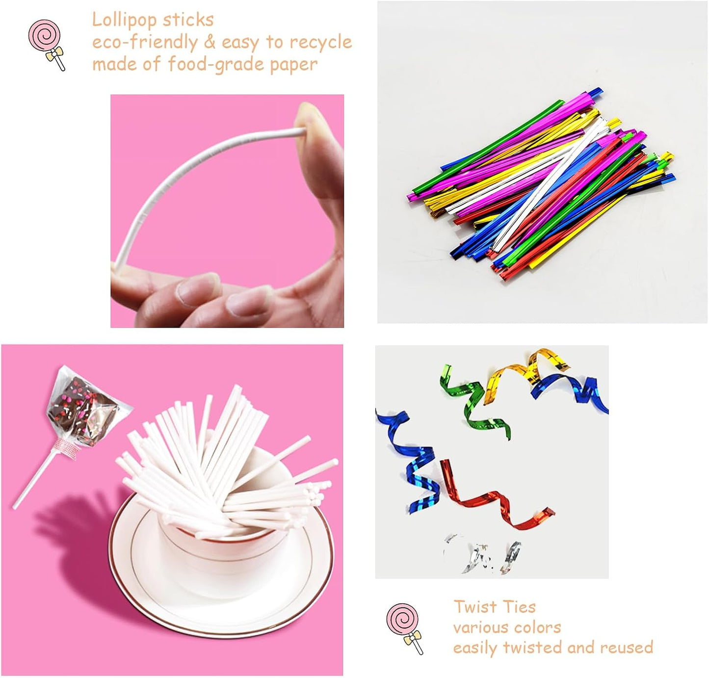 300 PCS Cake Pop Sticks and Wrappers Kit, Including 100ct 4-inch Papery Lollipop Treat Sticks, 100ct Clear Parcel Bags, 100ct Colorful Twist Ties for Cake Pops, Chocolates and Cookies