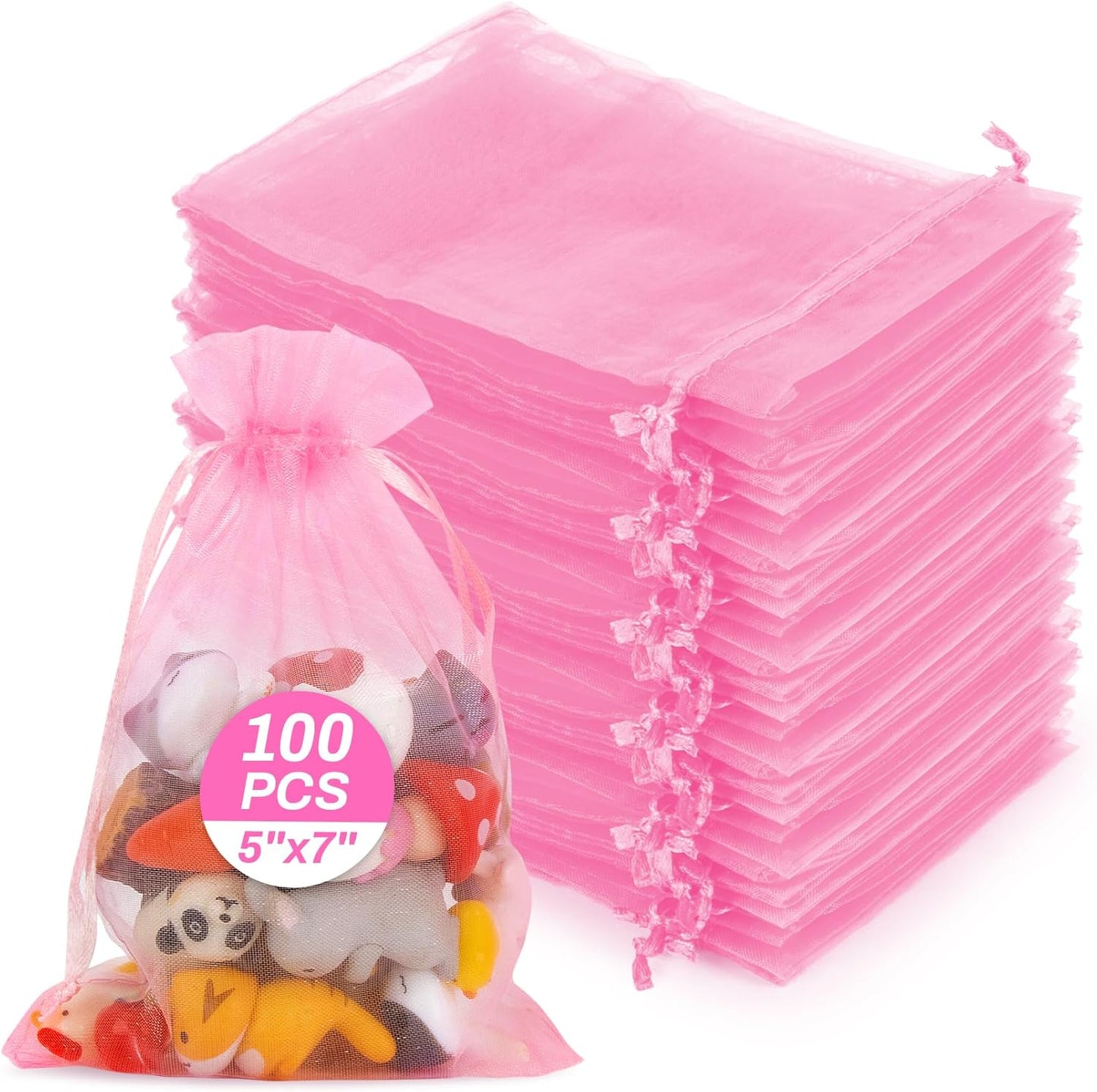 Sukh 100pcs Organza Bags 5''x7'' - White Sheer Mesh Drawstring Bags for Jewelry, Soap, Fruits, Candy, Small Gift Bags for Weddings, Valentine's Day, Mother's Day, Halloween, Thanksgiving, Christmas