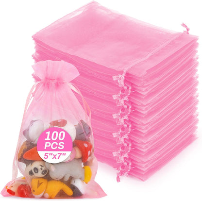 Sukh 100pcs Organza Bags 5''x7'' - White Sheer Mesh Drawstring Bags for Jewelry, Soap, Fruits, Candy, Small Gift Bags for Weddings, Valentine's Day, Mother's Day, Halloween, Thanksgiving, Christmas