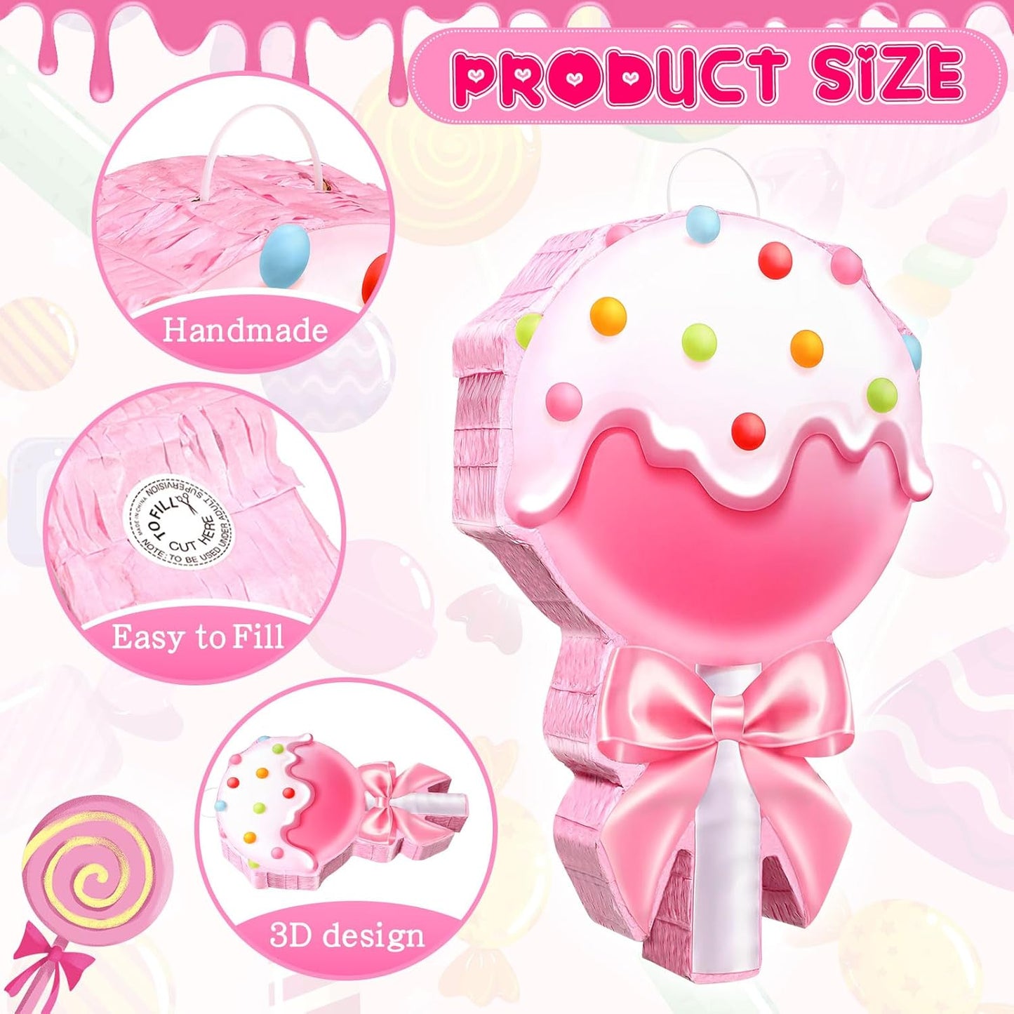 Aoriher Candy Party Favor Candy Piñata with Stick Blindfold Pink Sweet Lollipop Candy Piñata for Birthday Party Supplies Decoration