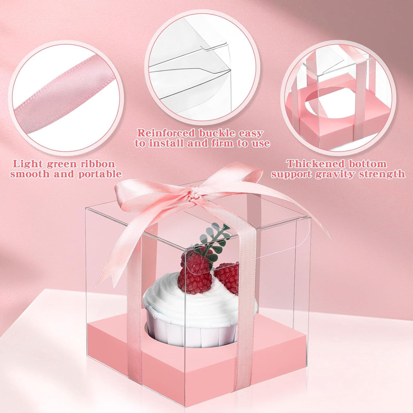 Thenshop 50 Pcs Clear Cupcake Boxes Individual 3.5 Inch Plastic Single Cupcake Containers Boxes with Inserts and Ribbon Individual Cake Storage Holders for Cake Kitchen(Dark Blue)