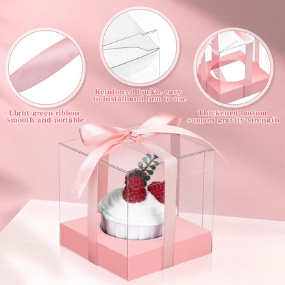 Thenshop 50 Pcs Clear Cupcake Boxes Individual 3.5 Inch Plastic Single Cupcake Containers Boxes with Inserts and Ribbon Individual Cake Storage Holders for Cake Kitchen(Dark Blue)