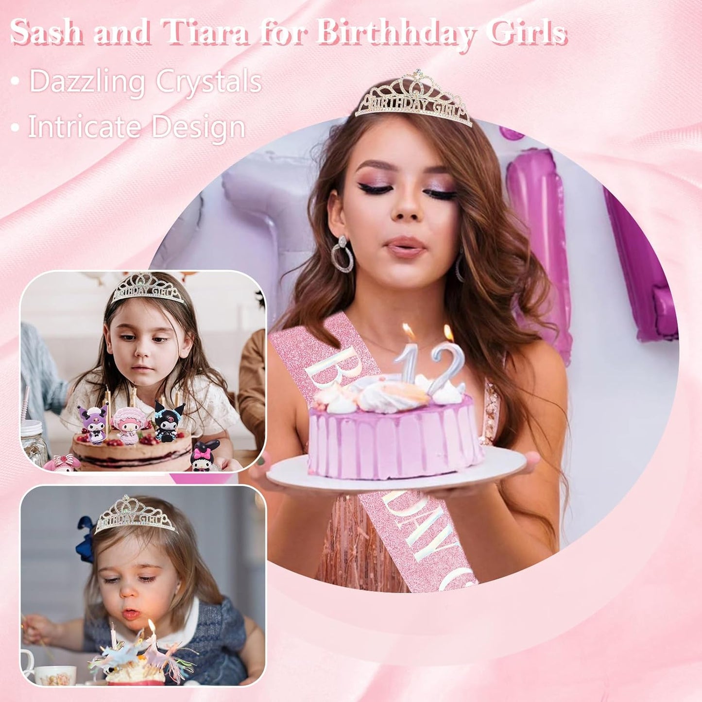 Chanaco Happy Birthday Crown and Sash Kit for Women and Girls - Rhinestone Tiara and Sashes with 'BIRTHDAY GIRL' Sash for Party Favors