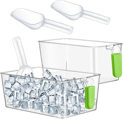 Havawish Ice Storage Bin and Flexible Scoop Set Plastic Freezer Bin with Pull Out Handle Storage Bucket Clear for Container with Scoop(Grey,10.83 x 4.92 x 4.33 in,Classic)