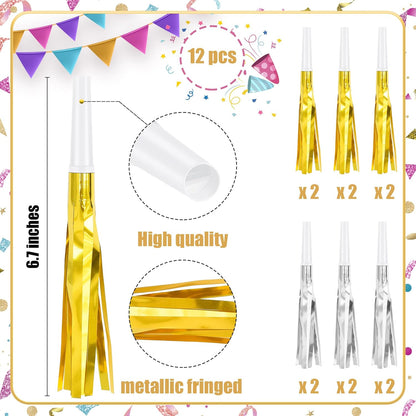 12 Pcs Glitter Noise Makers Metallic Fringed Party Blower for Adults Birthday Graduation New Years Party Favors Supplies (Colorful)