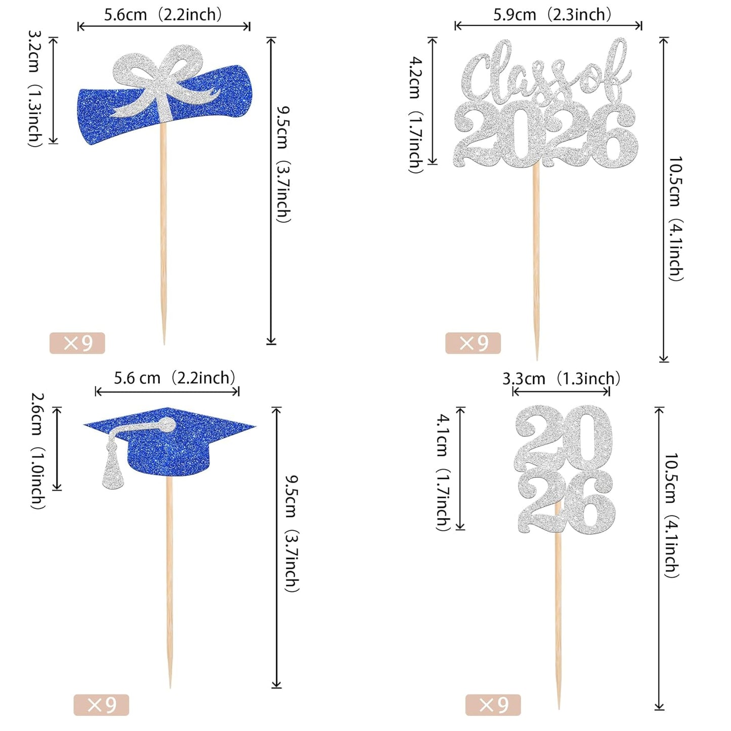 36 PCS 2026 Graduation Theme Cupcake Toppers Glitter Class of 2026 Grad Cap Diploma Cupcake Picks 2026 Graduation Theme Party Cake Decorations Supplies Deep Blue