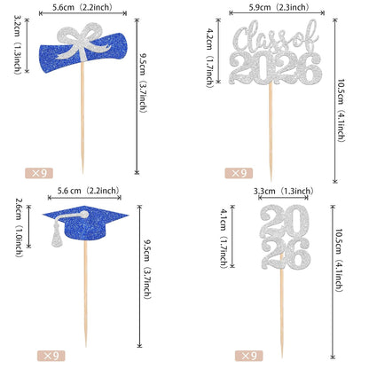 36 PCS 2026 Graduation Theme Cupcake Toppers Glitter Class of 2026 Grad Cap Diploma Cupcake Picks 2026 Graduation Theme Party Cake Decorations Supplies Deep Blue