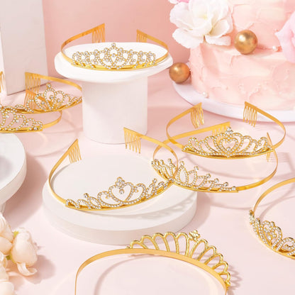 10 Pcs Crystal Crowns Headbands, Gold Princess Headband Rhinestone Crown Queen Headband with Comb for Women Princess Hair Accessories for Birthday Party, Wedding(Random)
